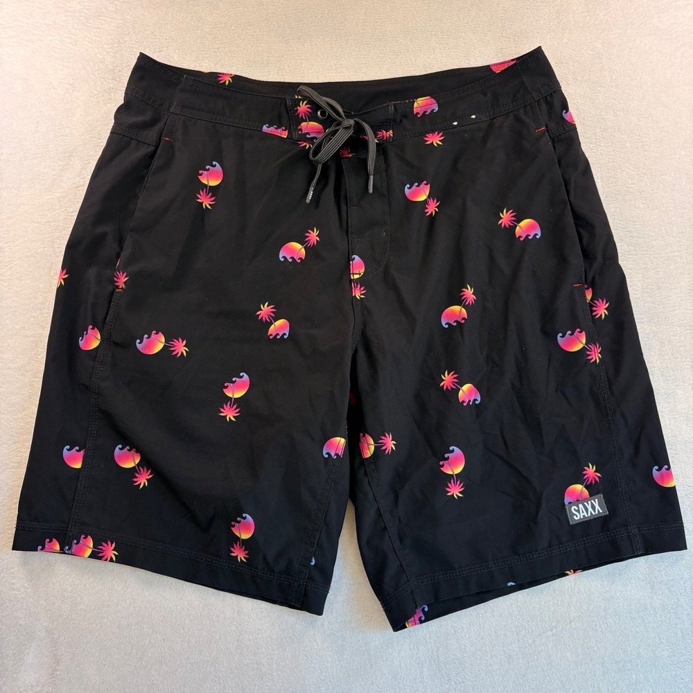 Saxx Betawave 2N1 Board Shorts Mens 34 Black Neon Palm Tree Cooling Liner Pouch
